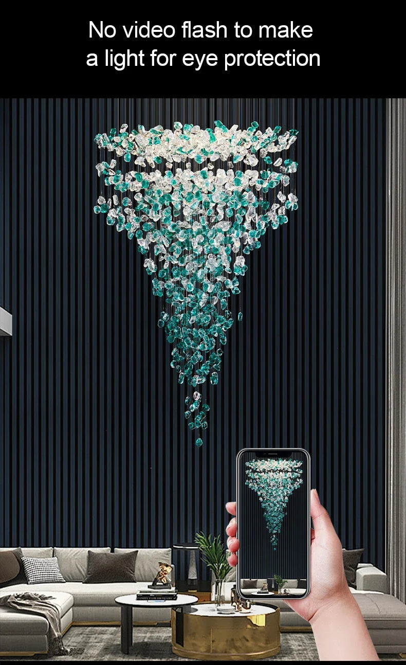 Luxury Large Green Crystal Stone Chandelier for Lobby Loft Staircase Project Modern LED Color Crystal Hanging Chandelier Custom