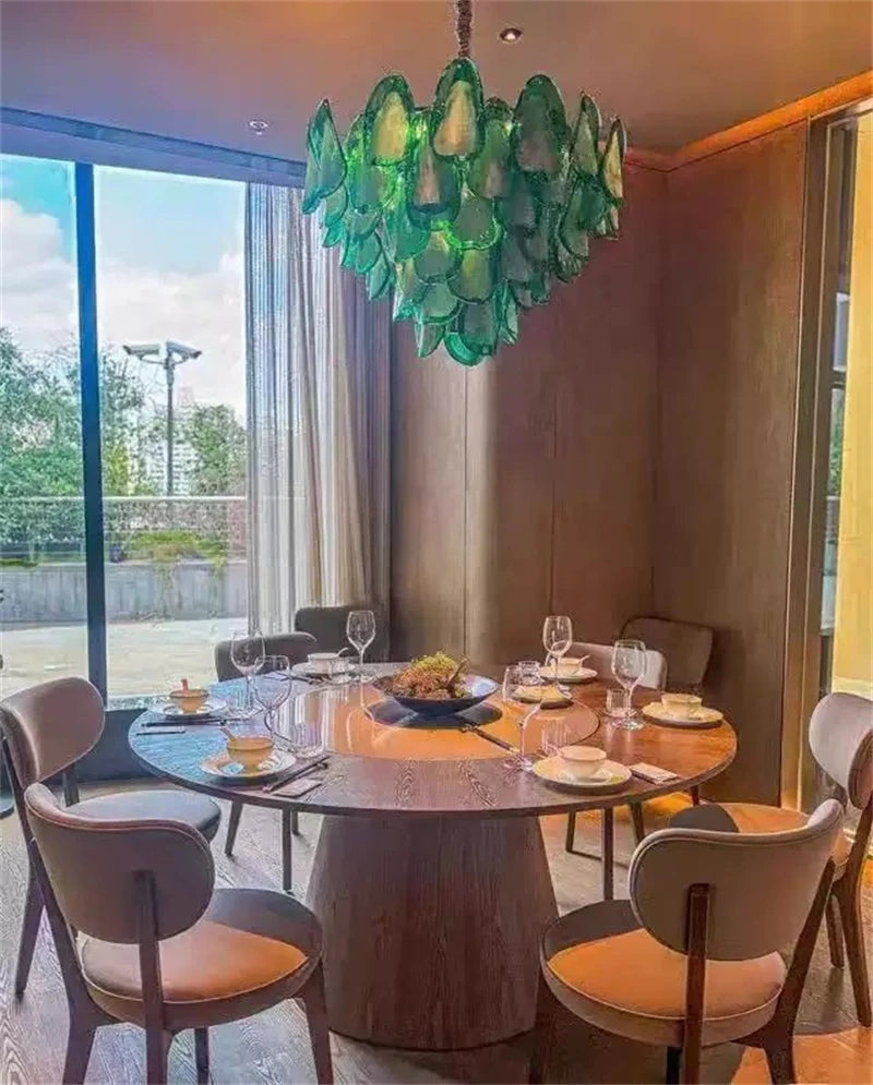 Hanging Pendant Light Fixture with Green Petal Glass Chandelier for Bedroom Kitchen Living Room Ceiling Mount Luxury