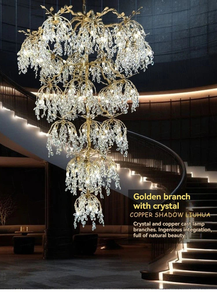 Luxury Crystal Branch Chandelier for High Ceiling Vila Living Room Lobby Copper Crystal Pendant Large Chandelier Foyer Entryway