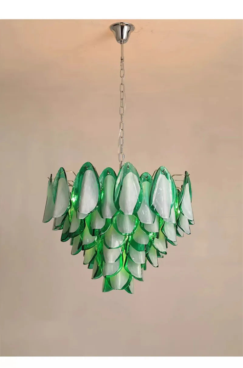 Hanging Pendant Light Fixture with Green Petal Glass Chandelier for Bedroom Kitchen Living Room Ceiling Mount Luxury