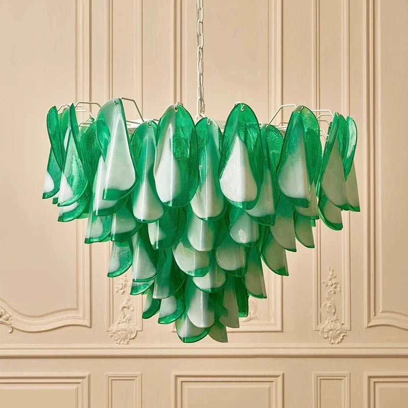 Hanging Pendant Light Fixture with Green Petal Glass Chandelier for Bedroom Kitchen Living Room Ceiling Mount Luxury