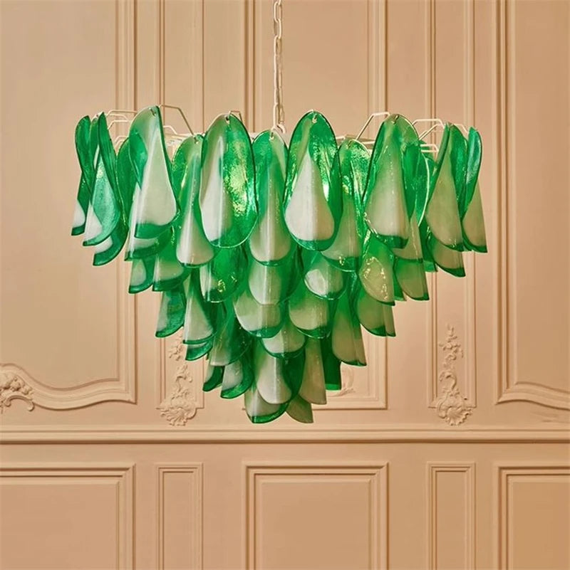 Hanging Pendant Light Fixture with Green Petal Glass Chandelier for Bedroom Kitchen Living Room Ceiling Mount Luxury