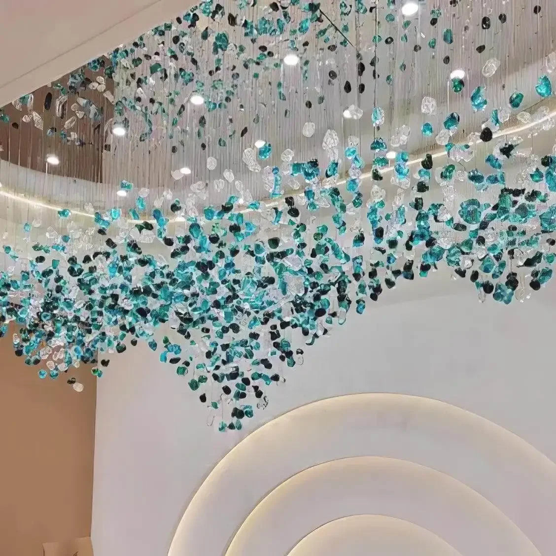 Luxury Large Green Crystal Stone Chandelier for Lobby Loft Staircase Project Modern LED Color Crystal Hanging Chandelier Custom