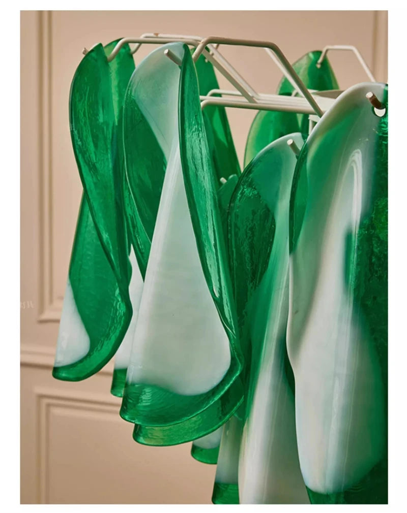 Hanging Pendant Light Fixture with Green Petal Glass Chandelier for Bedroom Kitchen Living Room Ceiling Mount Luxury