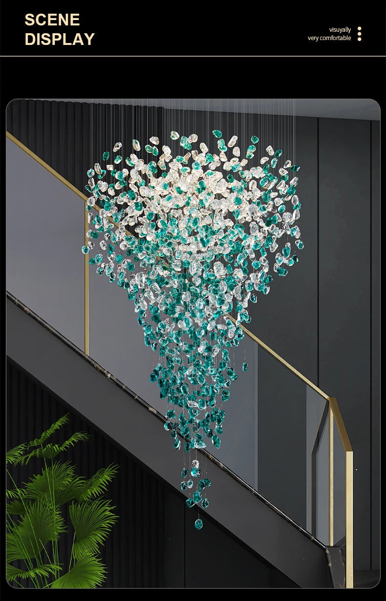 Luxury Large Green Crystal Stone Chandelier for Lobby Loft Staircase Project Modern LED Color Crystal Hanging Chandelier Custom