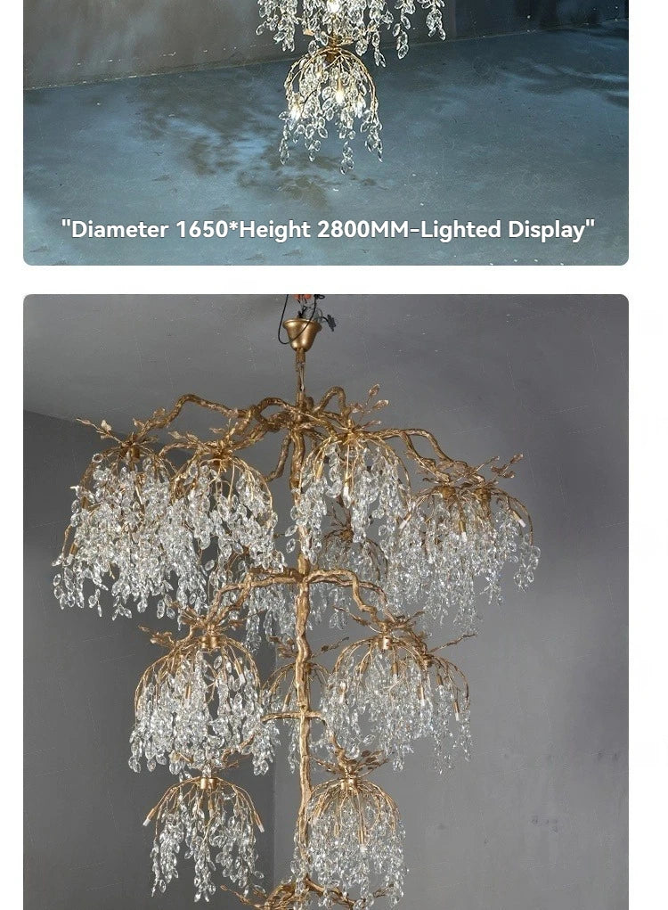 Luxury Crystal Branch Chandelier for High Ceiling Vila Living Room Lobby Copper Crystal Pendant Large Chandelier Foyer Entryway