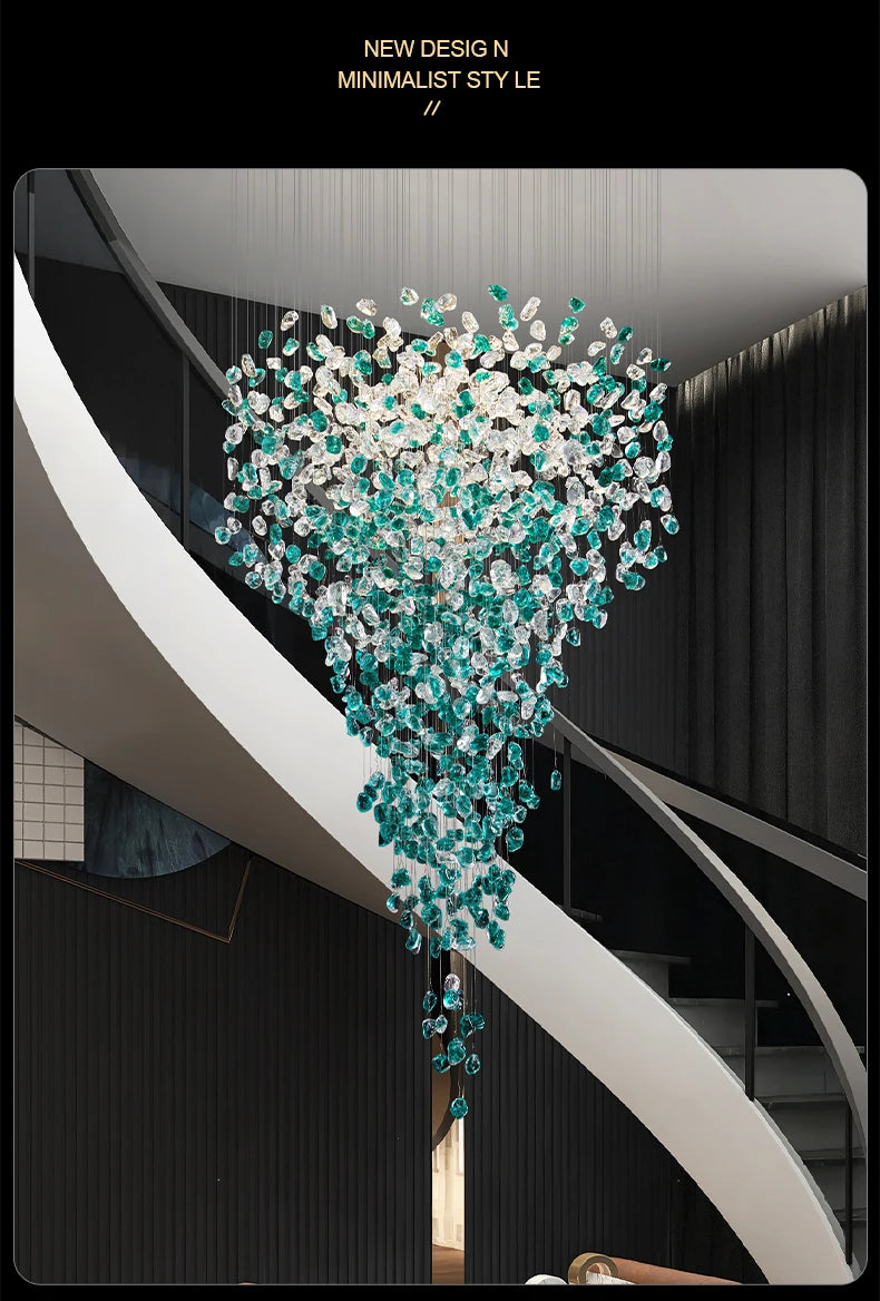 Luxury Large Green Crystal Stone Chandelier for Lobby Loft Staircase Project Modern LED Color Crystal Hanging Chandelier Custom