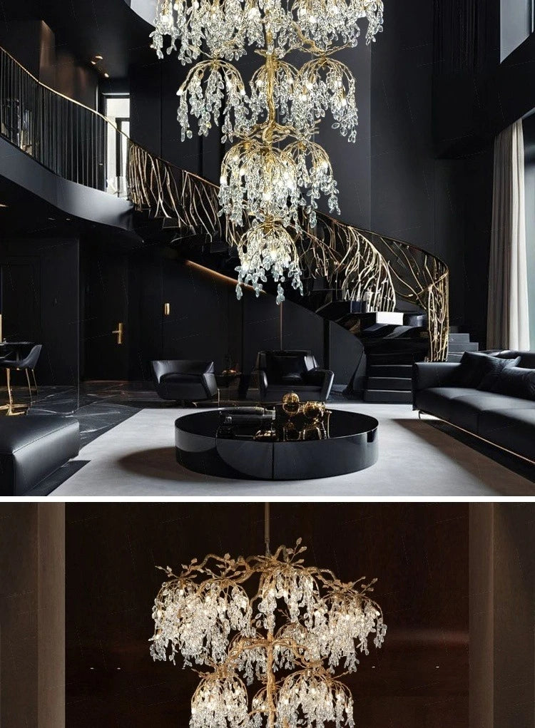 Luxury Crystal Branch Chandelier for High Ceiling Vila Living Room Lobby Copper Crystal Pendant Large Chandelier Foyer Entryway