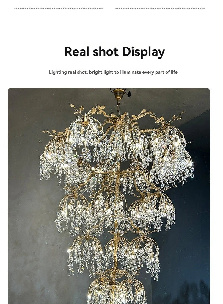 Luxury Crystal Branch Chandelier for High Ceiling Vila Living Room Lobby Copper Crystal Pendant Large Chandelier Foyer Entryway