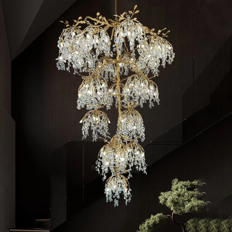 Luxury Crystal Branch Chandelier for High Ceiling Vila Living Room Lobby Copper Crystal Pendant Large Chandelier Foyer Entryway