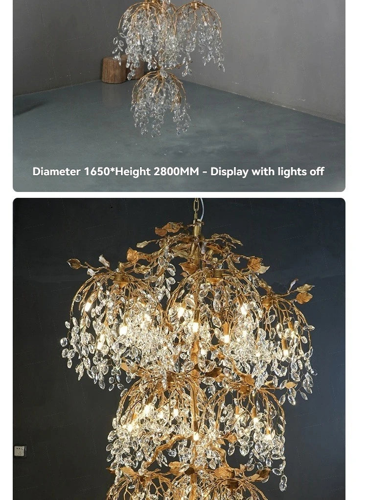 Luxury Crystal Branch Chandelier for High Ceiling Vila Living Room Lobby Copper Crystal Pendant Large Chandelier Foyer Entryway