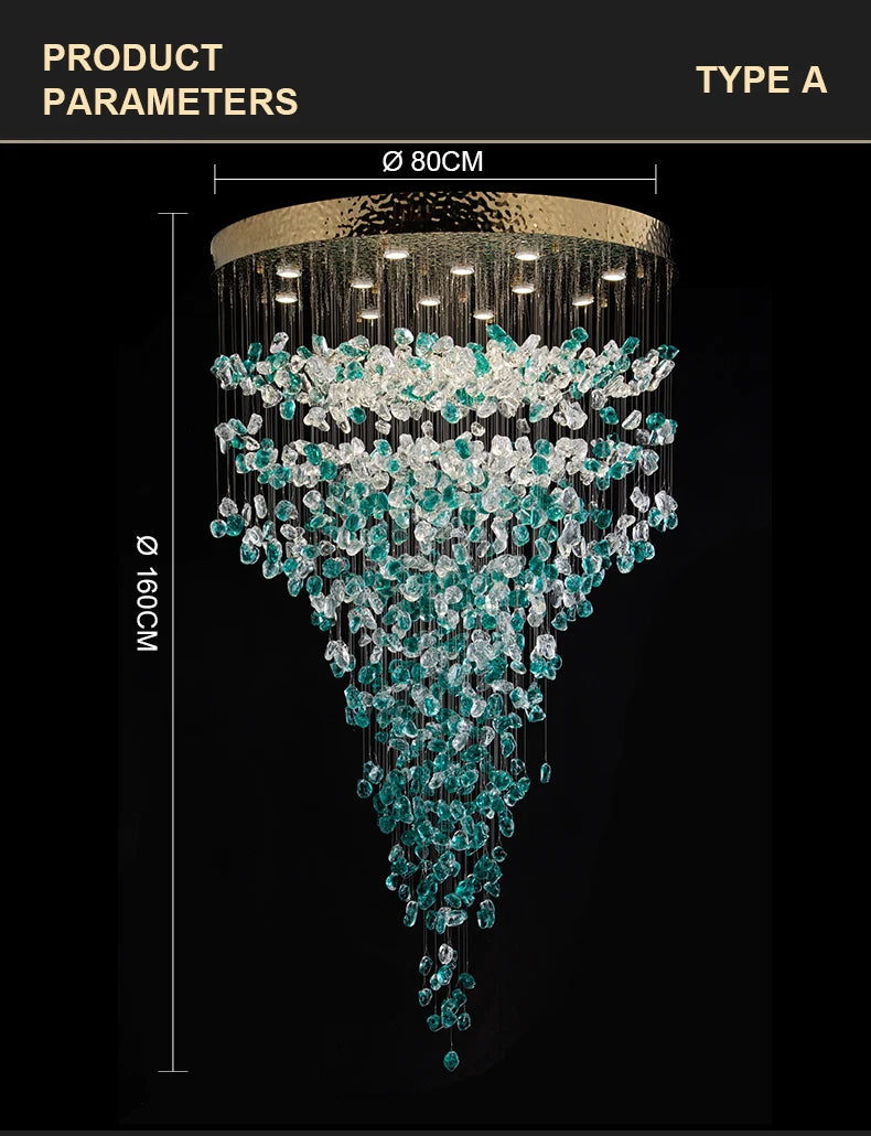 Luxury Large Green Crystal Stone Chandelier for Lobby Loft Staircase Project Modern LED Color Crystal Hanging Chandelier Custom