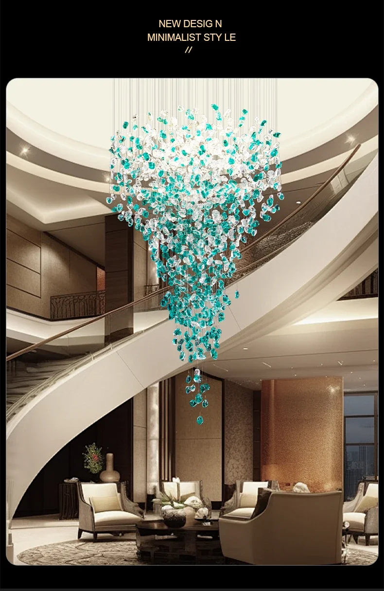 Luxury Large Green Crystal Stone Chandelier for Lobby Loft Staircase Project Modern LED Color Crystal Hanging Chandelier Custom