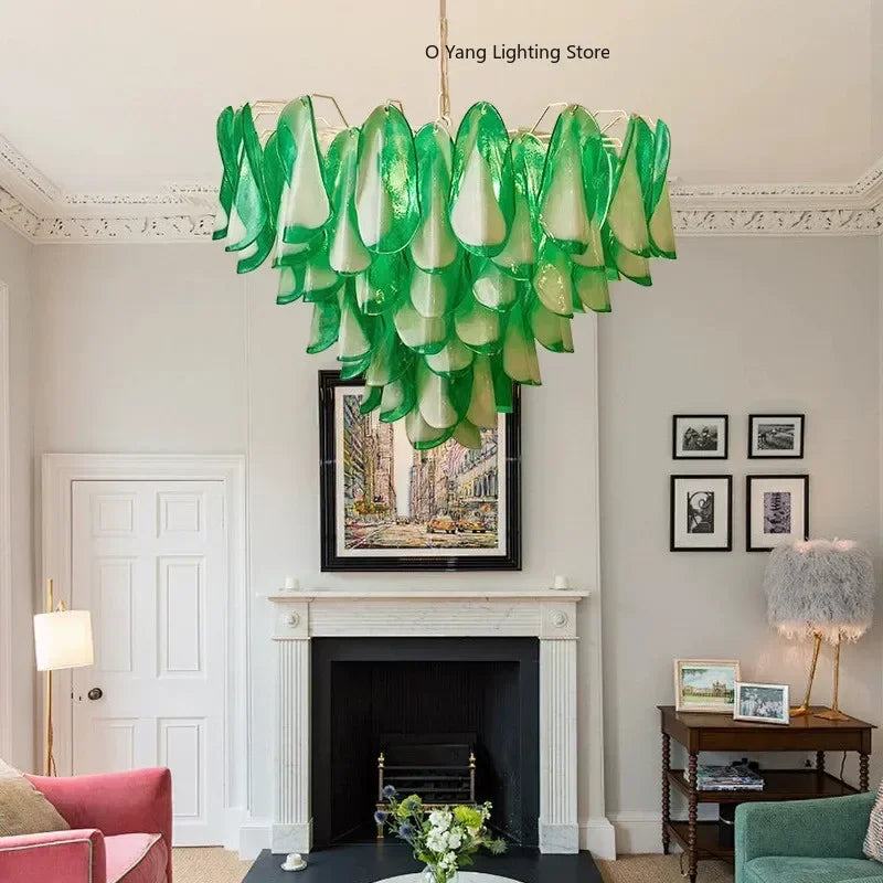 Hanging Pendant Light Fixture with Green Petal Glass Chandelier for Bedroom Kitchen Living Room Ceiling Mount Luxury