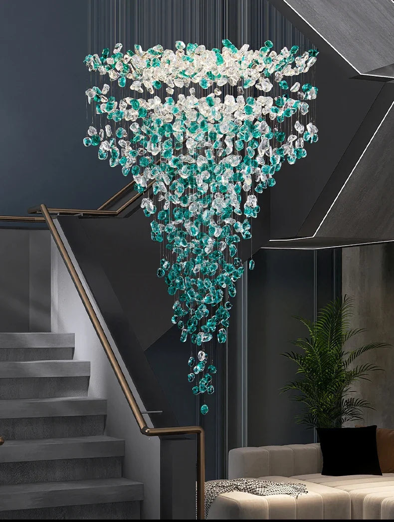 Luxury Large Green Crystal Stone Chandelier for Lobby Loft Staircase Project Modern LED Color Crystal Hanging Chandelier Custom