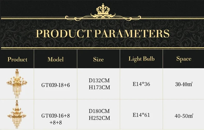 Custom Large Living Room Pendant Light European Luxury Brass Crystal Chandelier For Home Hotel