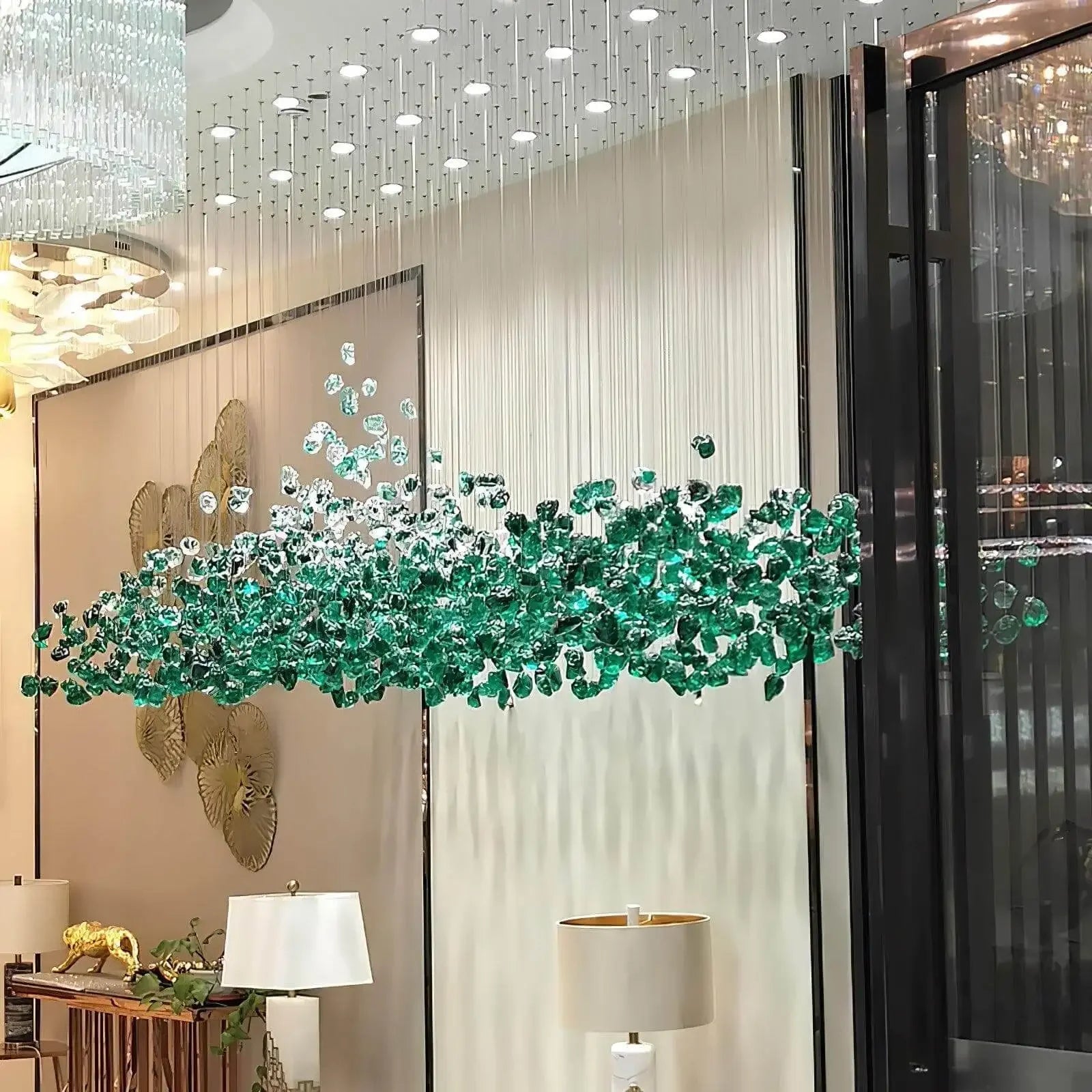 Luxury Large Green Crystal Stone Chandelier for Lobby Loft Staircase Project Modern LED Color Crystal Hanging Chandelier Custom