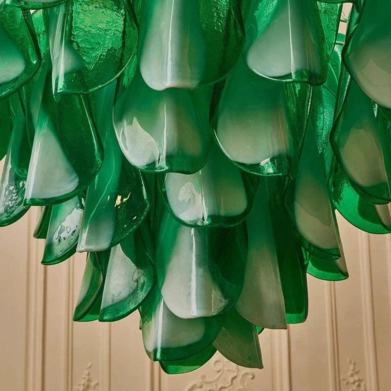 Hanging Pendant Light Fixture with Green Petal Glass Chandelier for Bedroom Kitchen Living Room Ceiling Mount Luxury