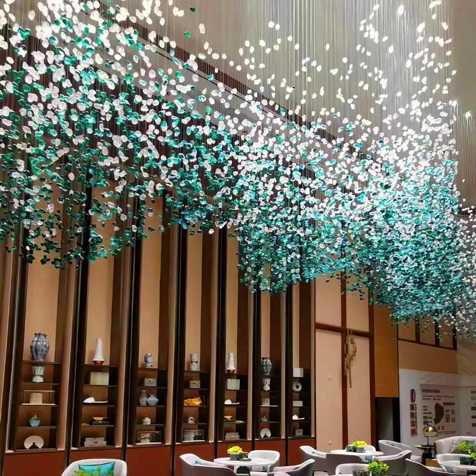 Luxury Large Green Crystal Stone Chandelier for Lobby Loft Staircase Project Modern LED Color Crystal Hanging Chandelier Custom
