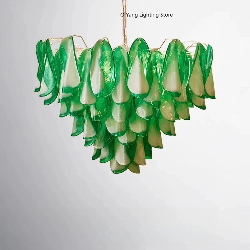 Hanging Pendant Light Fixture with Green Petal Glass Chandelier for Bedroom Kitchen Living Room Ceiling Mount Luxury