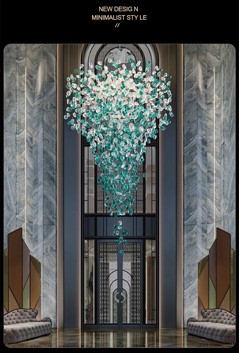 Luxury Large Green Crystal Stone Chandelier for Lobby Loft Staircase Project Modern LED Color Crystal Hanging Chandelier Custom