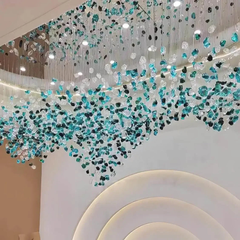 Luxury Large Green Crystal Stone Chandelier for Lobby Loft Staircase Project Modern LED Color Crystal Hanging Chandelier Custom