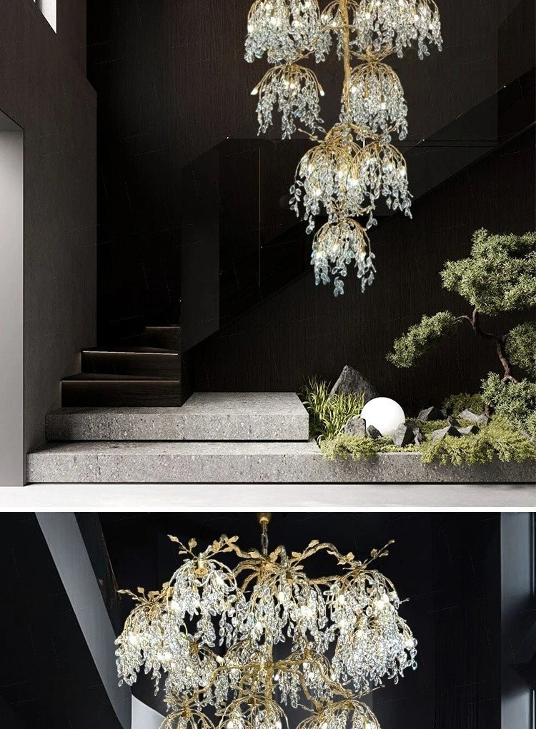Luxury Crystal Branch Chandelier for High Ceiling Vila Living Room Lobby Copper Crystal Pendant Large Chandelier Foyer Entryway