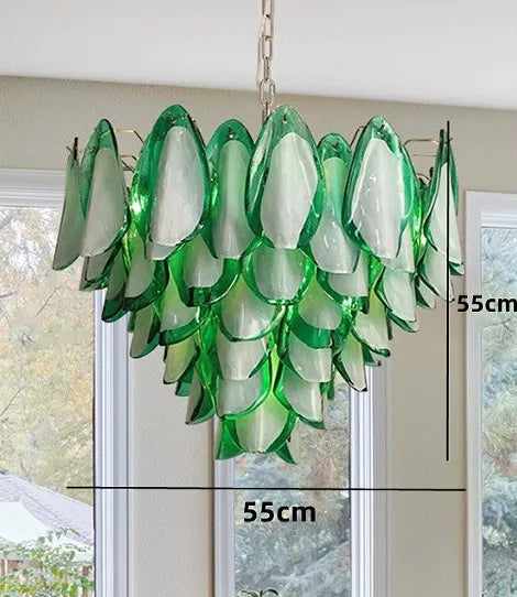 Hanging Pendant Light Fixture with Green Petal Glass Chandelier for Bedroom Kitchen Living Room Ceiling Mount Luxury