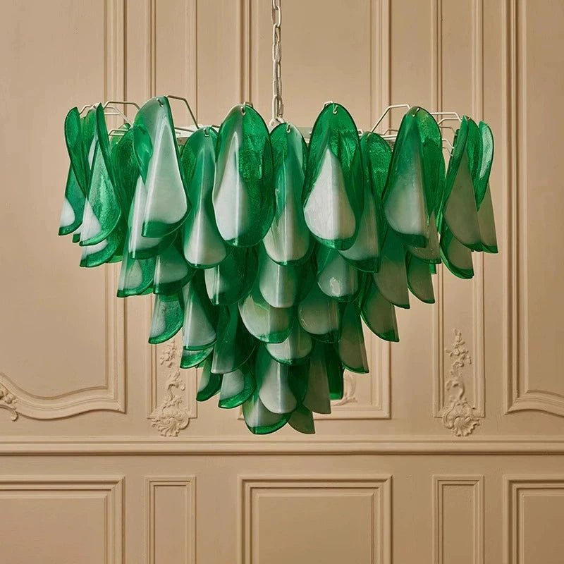 Hanging Pendant Light Fixture with Green Petal Glass Chandelier for Bedroom Kitchen Living Room Ceiling Mount Luxury