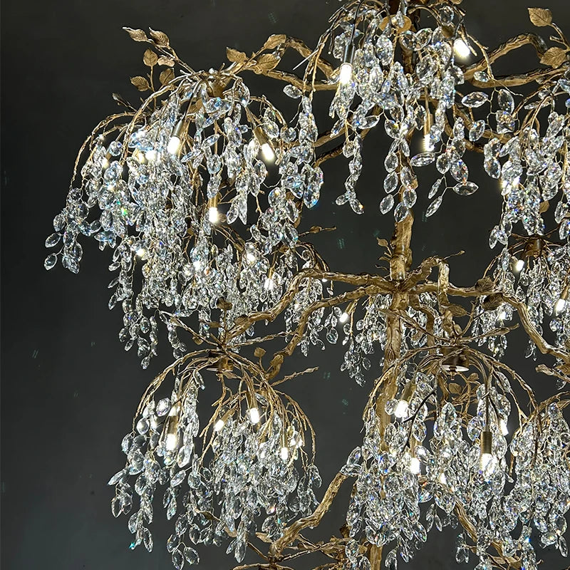 Luxury Crystal Branch Chandelier for High Ceiling Vila Living Room Lobby Copper Crystal Pendant Large Chandelier Foyer Entryway