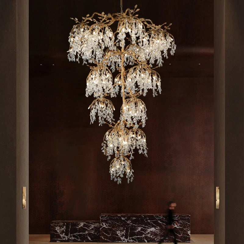 Luxury Crystal Branch Chandelier for High Ceiling Vila Living Room Lobby Copper Crystal Pendant Large Chandelier Foyer Entryway