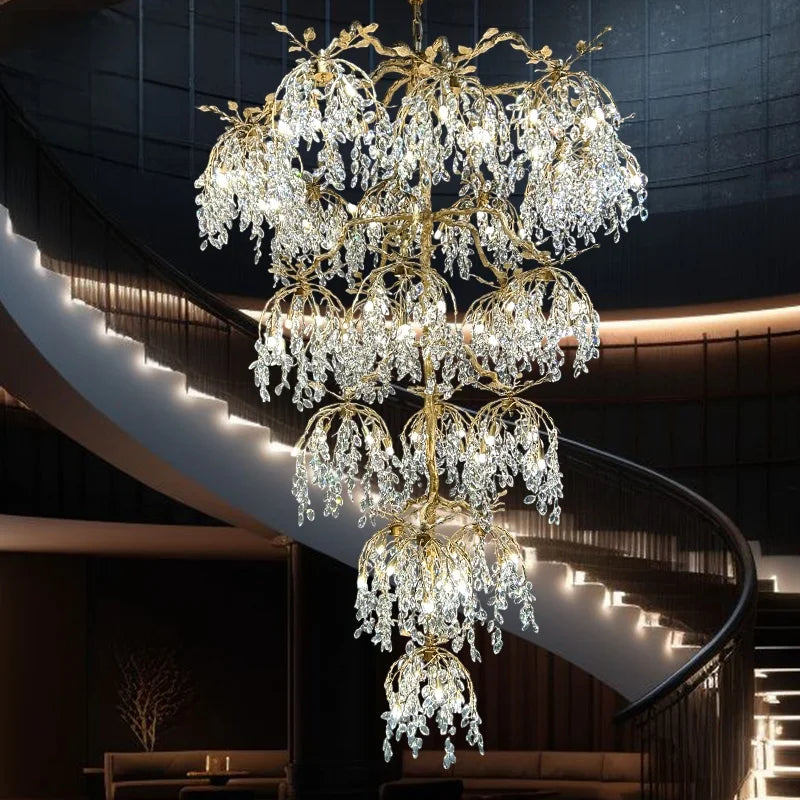 Luxury Crystal Branch Chandelier for High Ceiling Vila Living Room Lobby Copper Crystal Pendant Large Chandelier Foyer Entryway