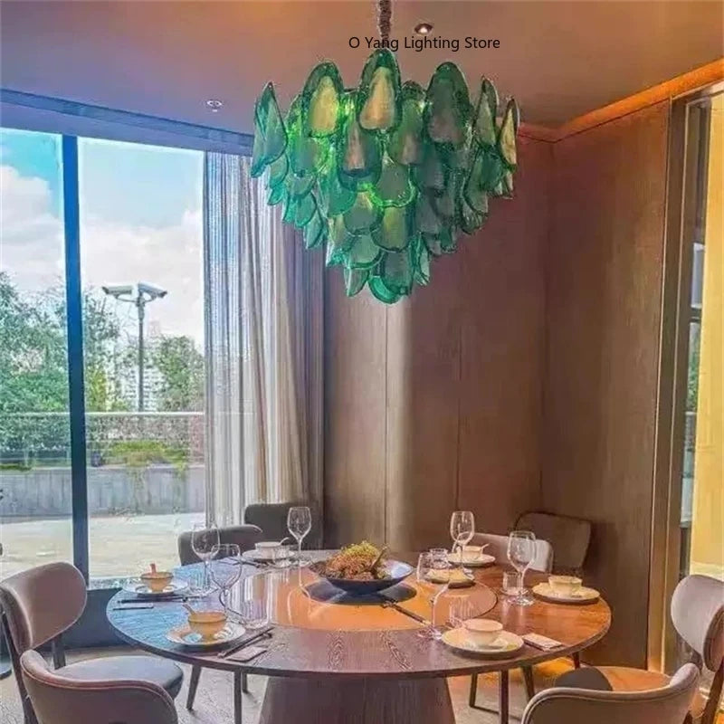 Hanging Pendant Light Fixture with Green Petal Glass Chandelier for Bedroom Kitchen Living Room Ceiling Mount Luxury
