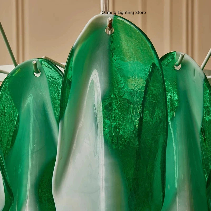 Hanging Pendant Light Fixture with Green Petal Glass Chandelier for Bedroom Kitchen Living Room Ceiling Mount Luxury