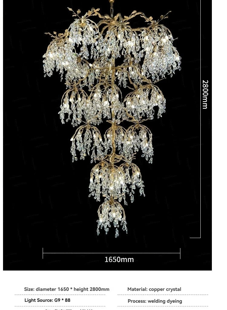 Luxury Crystal Branch Chandelier for High Ceiling Vila Living Room Lobby Copper Crystal Pendant Large Chandelier Foyer Entryway