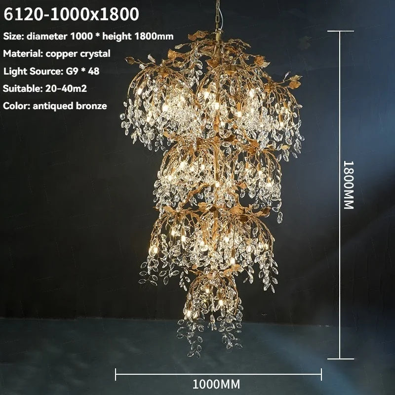 Luxury Crystal Branch Chandelier for High Ceiling Vila Living Room Lobby Copper Crystal Pendant Large Chandelier Foyer Entryway
