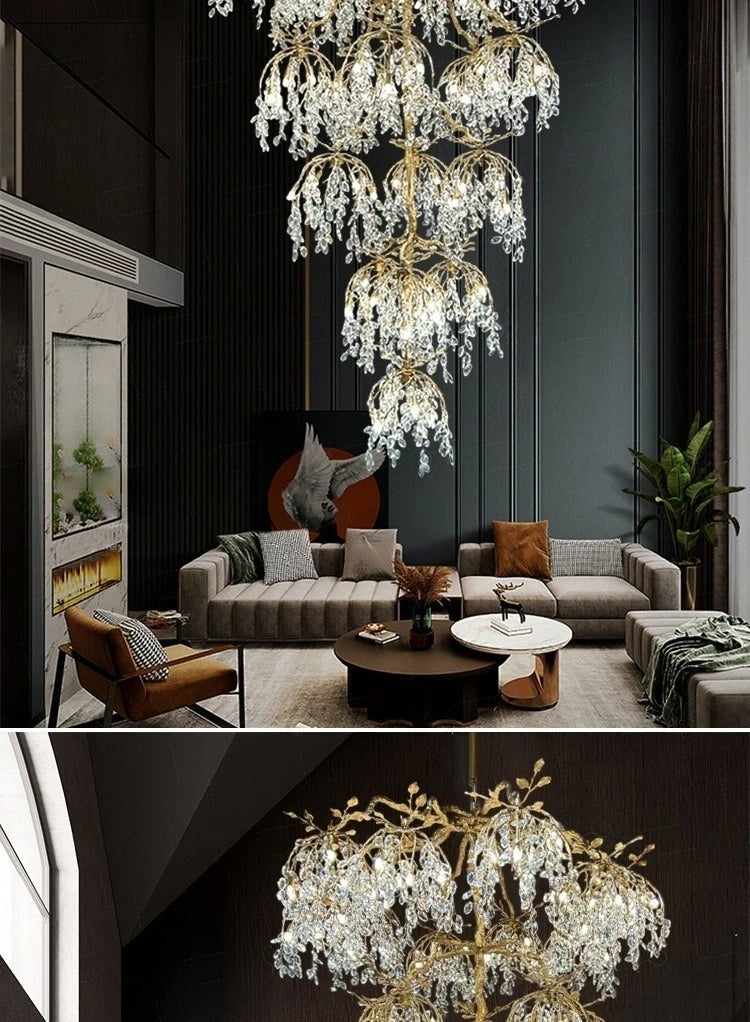Luxury Crystal Branch Chandelier for High Ceiling Vila Living Room Lobby Copper Crystal Pendant Large Chandelier Foyer Entryway