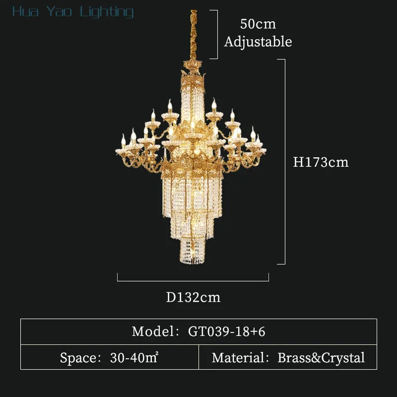 Custom Large Living Room Pendant Light European Luxury Brass Crystal Chandelier For Home Hotel