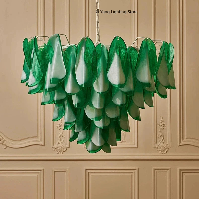 Hanging Pendant Light Fixture with Green Petal Glass Chandelier for Bedroom Kitchen Living Room Ceiling Mount Luxury