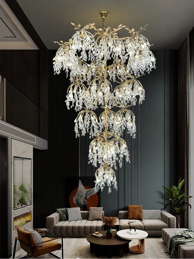 Luxury Crystal Branch Chandelier for High Ceiling Vila Living Room Lobby Copper Crystal Pendant Large Chandelier Foyer Entryway