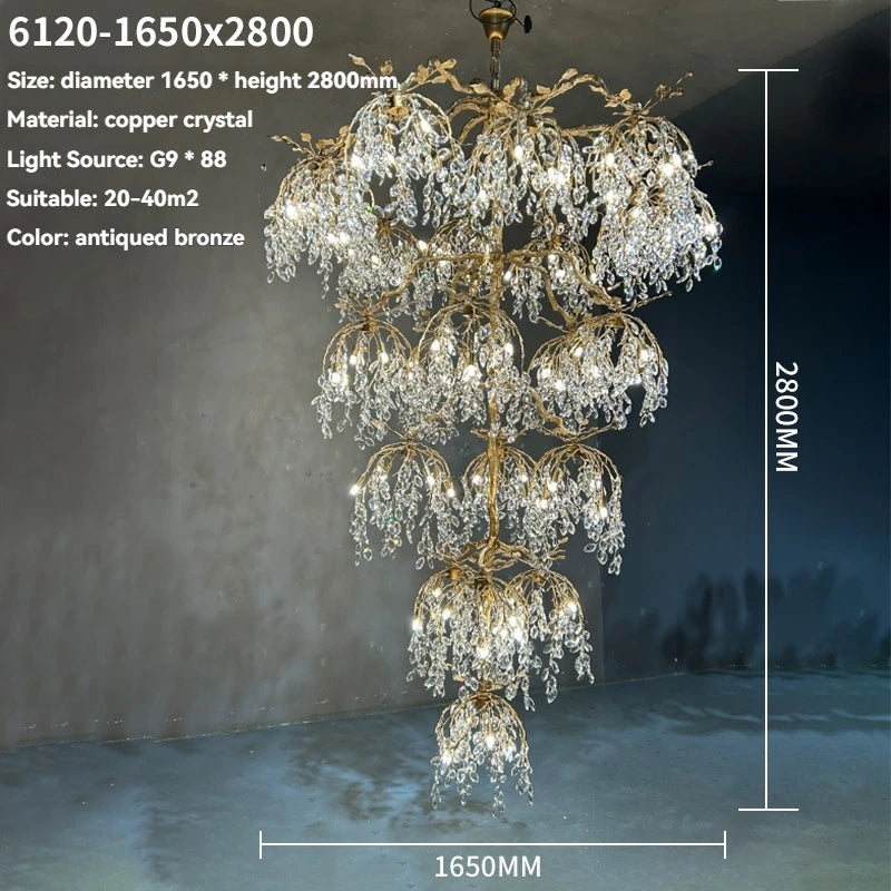 Luxury Crystal Branch Chandelier for High Ceiling Vila Living Room Lobby Copper Crystal Pendant Large Chandelier Foyer Entryway