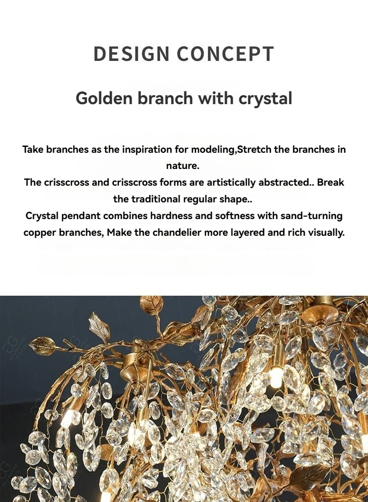 Luxury Crystal Branch Chandelier for High Ceiling Vila Living Room Lobby Copper Crystal Pendant Large Chandelier Foyer Entryway