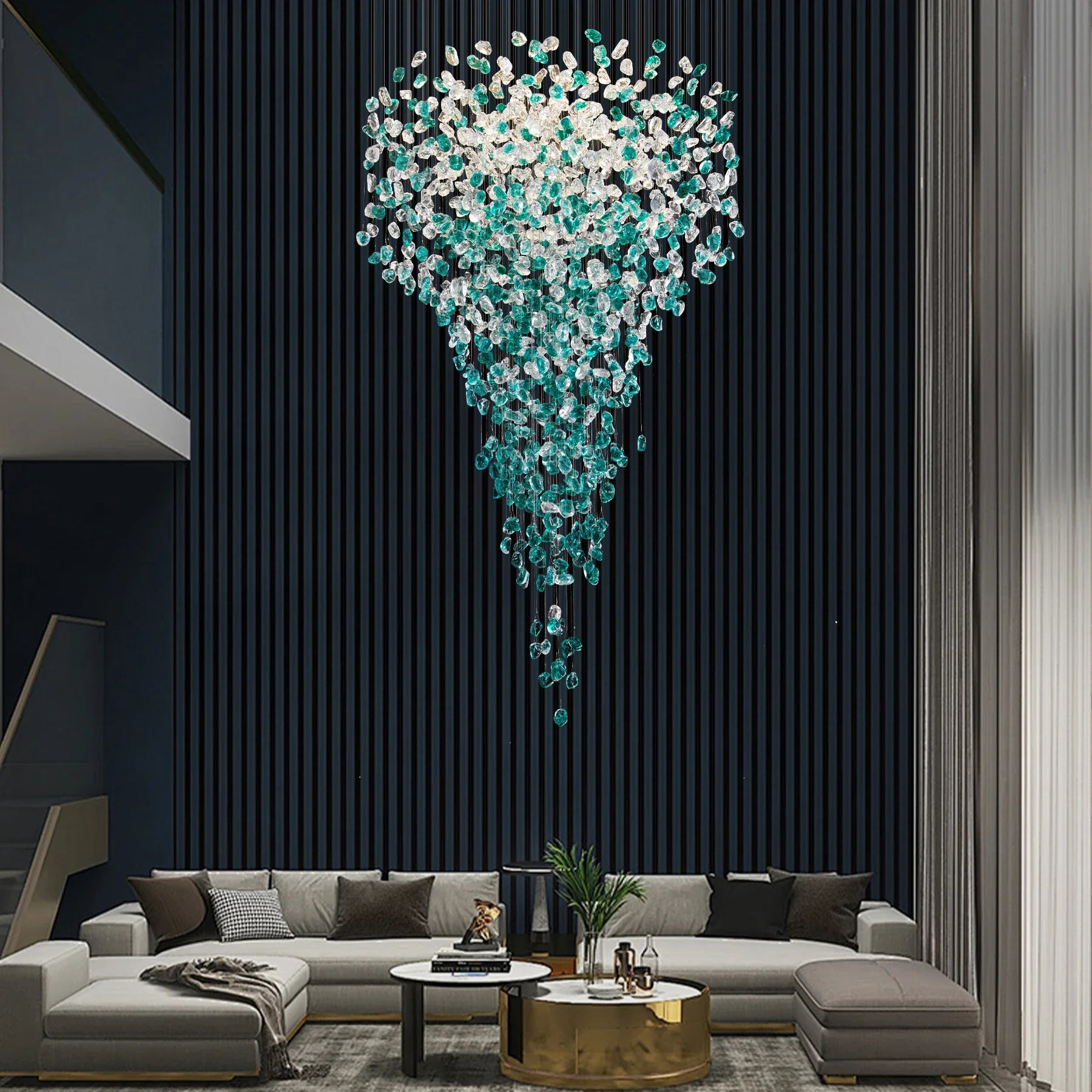 Luxury Large Green Crystal Stone Chandelier for Lobby Loft Staircase Project Modern LED Color Crystal Hanging Chandelier Custom