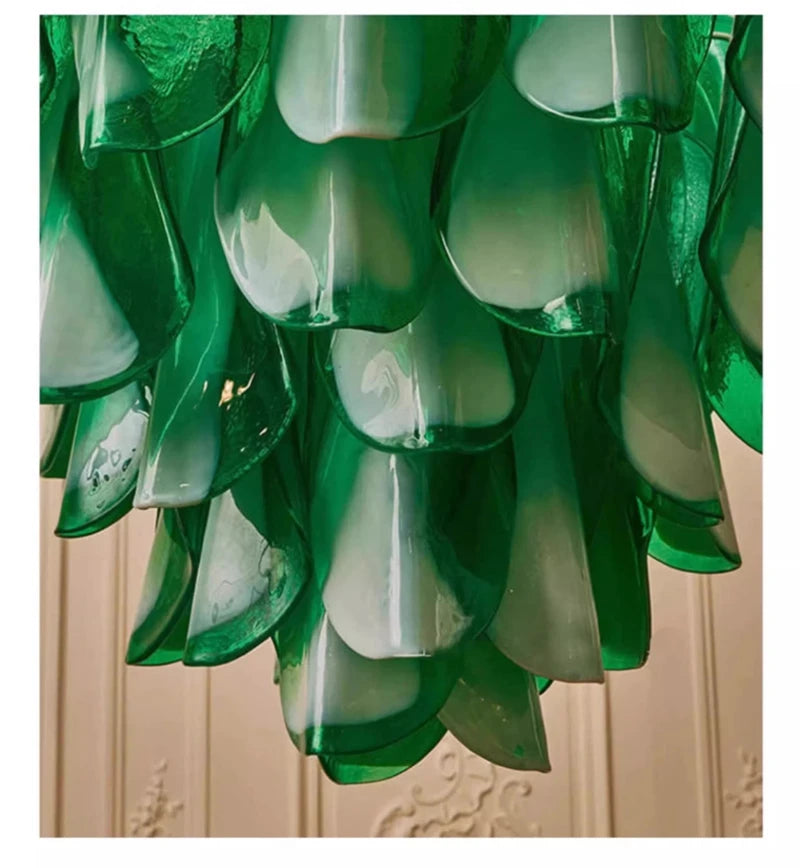 Hanging Pendant Light Fixture with Green Petal Glass Chandelier for Bedroom Kitchen Living Room Ceiling Mount Luxury
