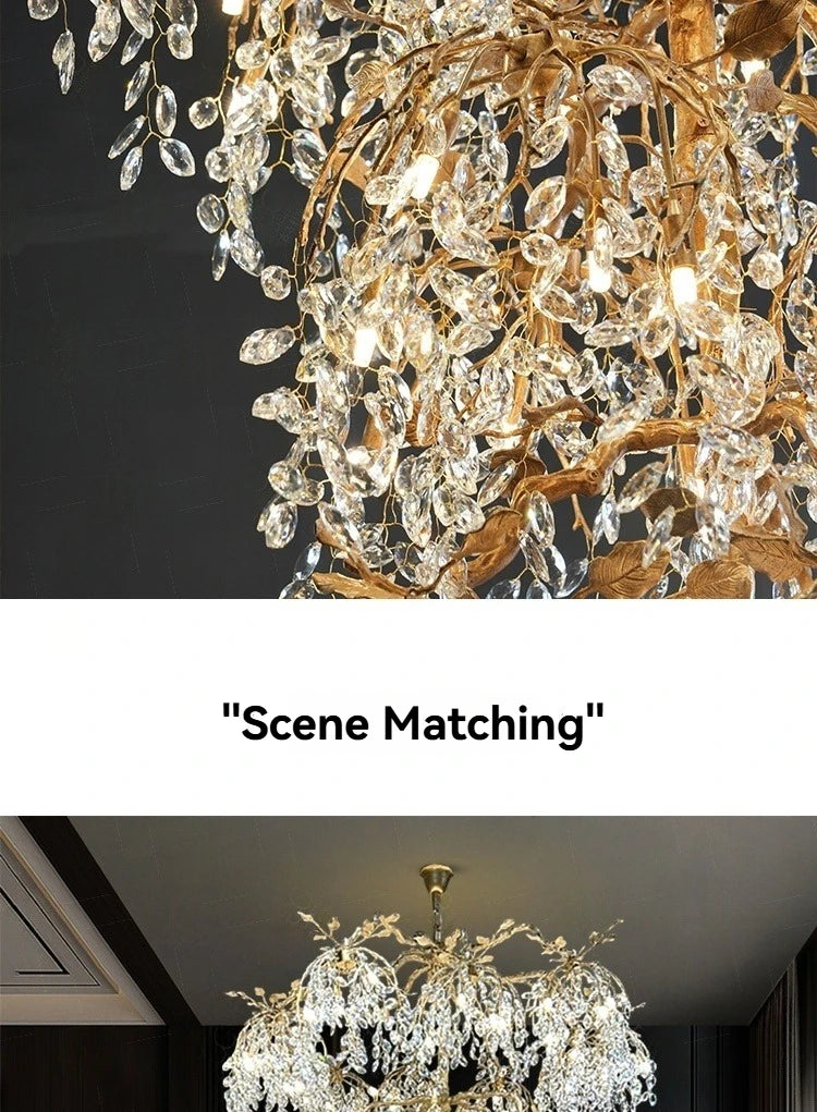 Luxury Crystal Branch Chandelier for High Ceiling Vila Living Room Lobby Copper Crystal Pendant Large Chandelier Foyer Entryway